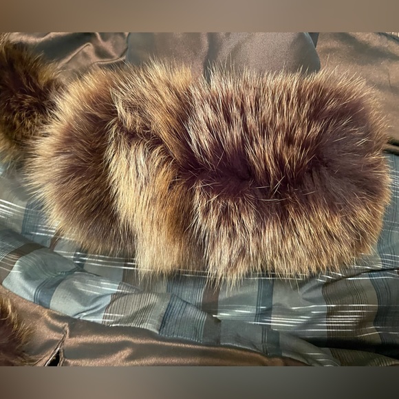 100% REAL Fur trim down belted coat leather buttons made in Italy size Small - Picture 11 of 12